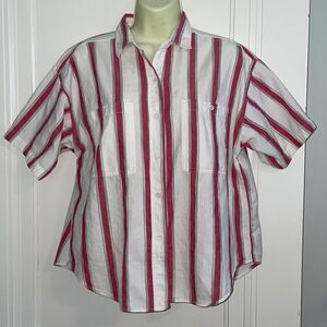 Vtg 80s Generalities Inc red & white vertical striped‎ cotton shirt